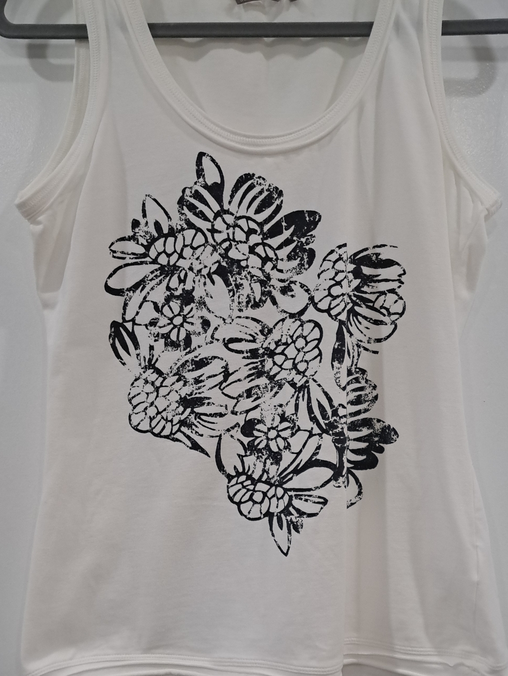 White Floral Scoop Neck Tank Top with Black Print